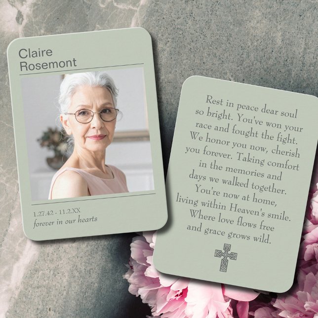 Enkel Salggrön Begravningsfoto Bönkort Visitkort (Simple Sage Green Funeral Photo Prayer Card
)