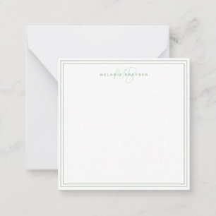 Enkel Sälggrön Minimalistisk Monogram Två Kantlinj Anteckningskort