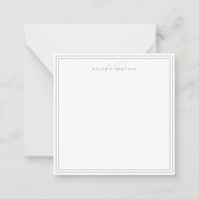 Enkel Sälggrön Minimalistisk Monogram Två Kantlinj Anteckningskort (Framsida)