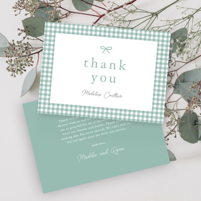 Enkel, sällsynt grön könsneutral baby shower tack kort (Sage green bow gingham gender neutral  baby shower thank you cards.)