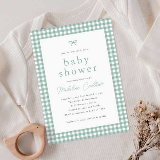 Enkel, Sälta Grön Könsneutral Bebis Shower Inbjudningar (Gingham check sage green gender neutral baby shower invitation.)