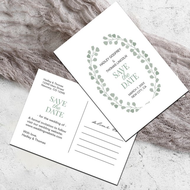 Enkel salvia grön vit Spara datum tillkännagivande (Simple Sage Green and White Save the Date #savethedate #classysummerwatercolorleaves)