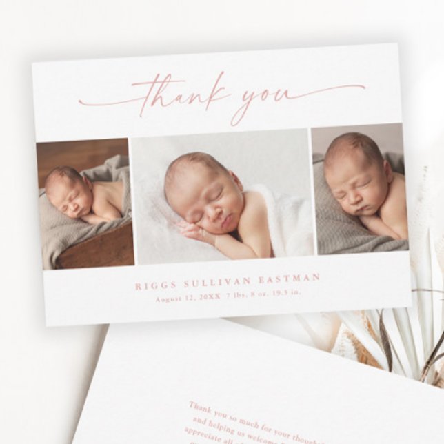 Enkel script fotokollage Bebis Tack Kort (Elegant Dusty Pink Script 3 Photo Collage Baby Thank You Cards.)