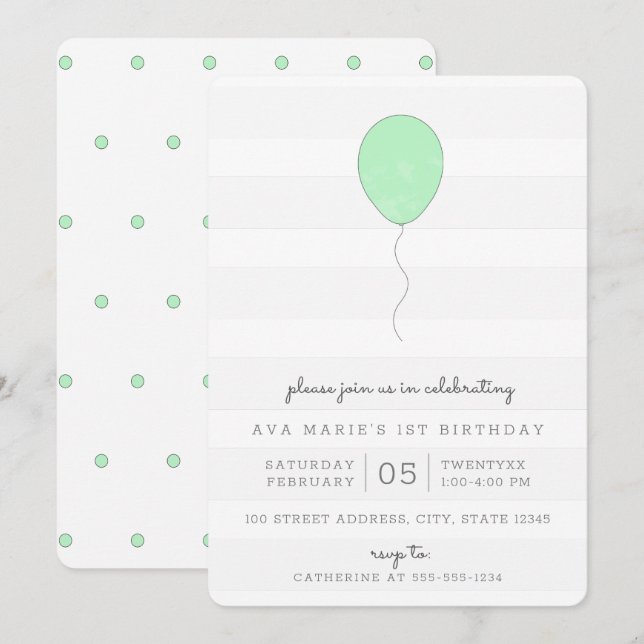 Enkel Shabby chic Grönt och Grått Ballon Birthday Inbjudningar (Fram/baksida)