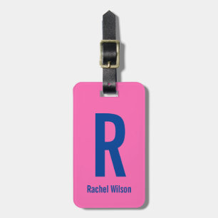 Enkel Shock rosa med blå Namn och monogram Bagagebricka