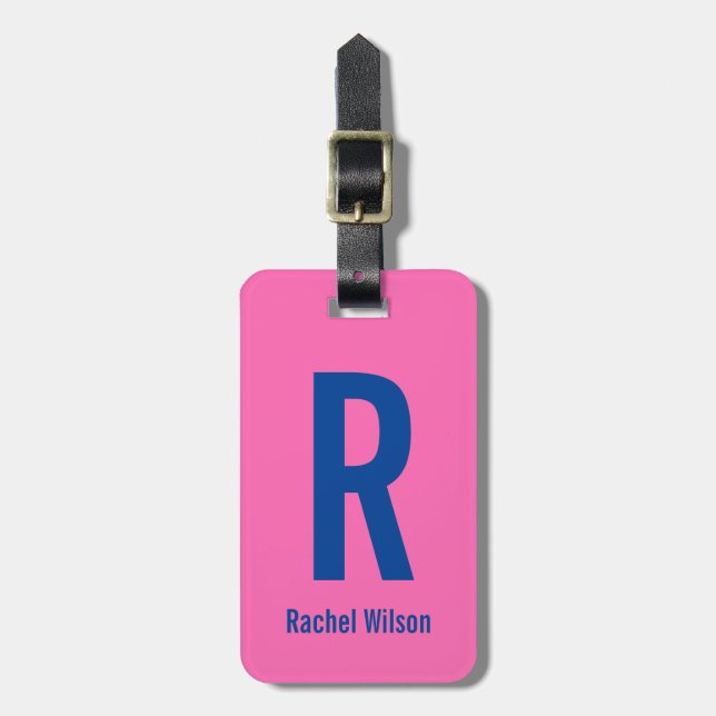 Enkel Shock rosa med blå Namn och monogram Bagagebricka (Vertikal Framsida)