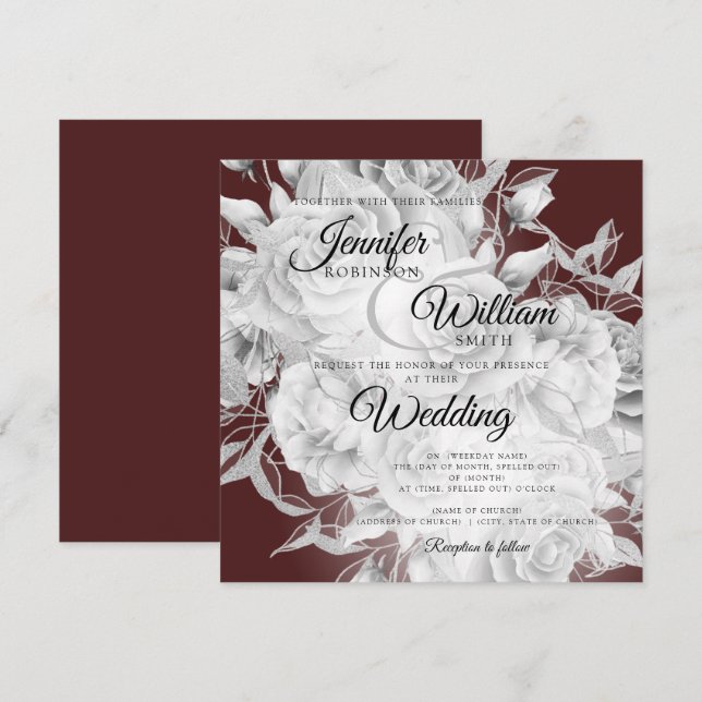 Enkel Silver & Burgundy Elegant Blommigt Bröllop (Fram/baksida)