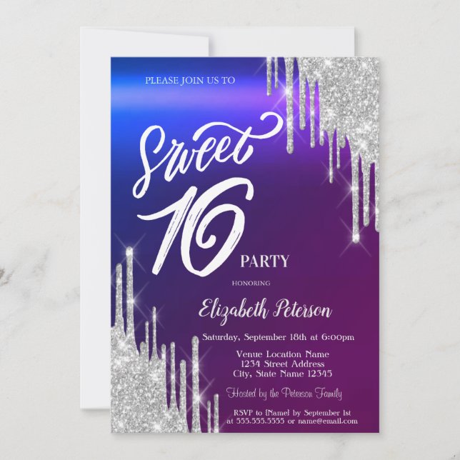Enkel Silver Glitter Drips Ombre Sweet 16  Inbjudningar (Framsida)