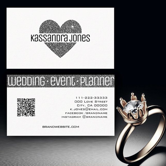 Enkel Silver Glitter Heart Shape Black White Chic Visitkort (Skapare uppladdad)