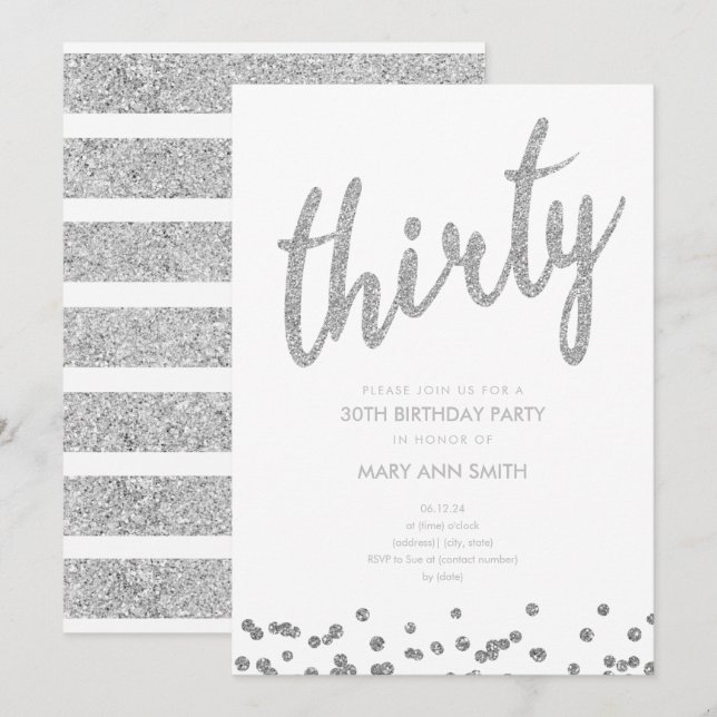 Enkel Silver Glitter Typ 30-årsfirande Inbjudningar (Fram/baksida)