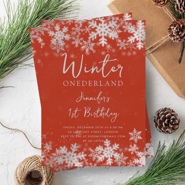 Enkel Silver Red Winter ONEDERLAND 1:a födelsedage Inbjudningar (Simple Silver Red Winter ONEDERLAND 1st Birthday Invitation)