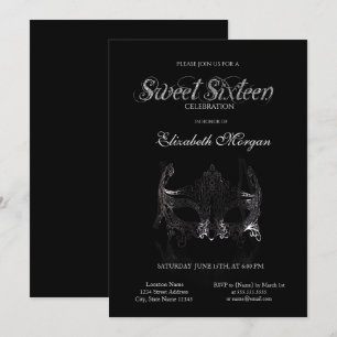 Enkel Silvermask Svart Sweet 16 Inbjudningar
