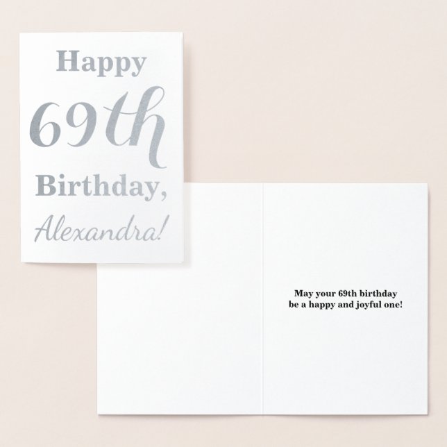 Enkel silverolja "LYCKLIG 69:e BIRTHDAY" + Namn Folierat Kort (Display)