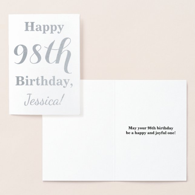 Enkel silverolja "LYCKLIG 98:e BIRTHDAY" + Namn Folierat Kort (Display)