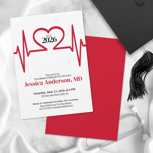 Enkel sjuksköterskeskola i Doktor Studenten Inbjudningar (Simple Heart Beat Doctor Medical School Graduation Invitation)