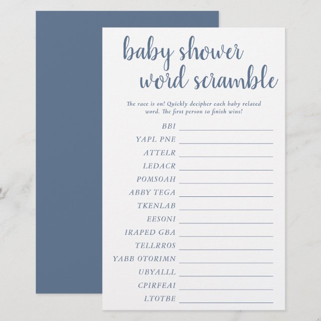 Enkel skam för Baby Ord | Dusty Blue Game Card (Fram/baksida)