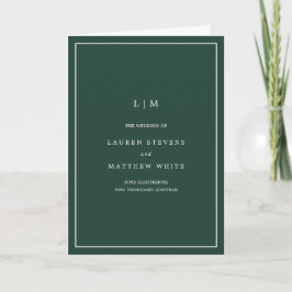 Enkel skogsgrön monogram Elegant bröllop Program