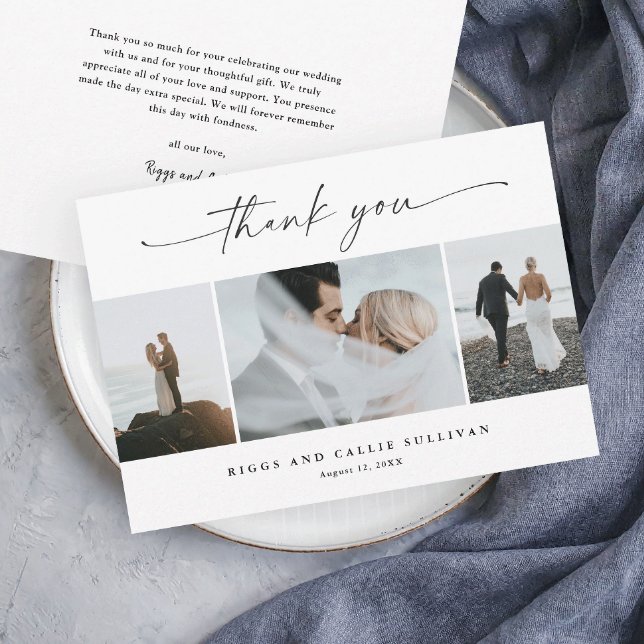 Enkel skript 3  Foto Bröllop  Tack Kort (Elegant script black and white modern wedding photo thank you card.)
