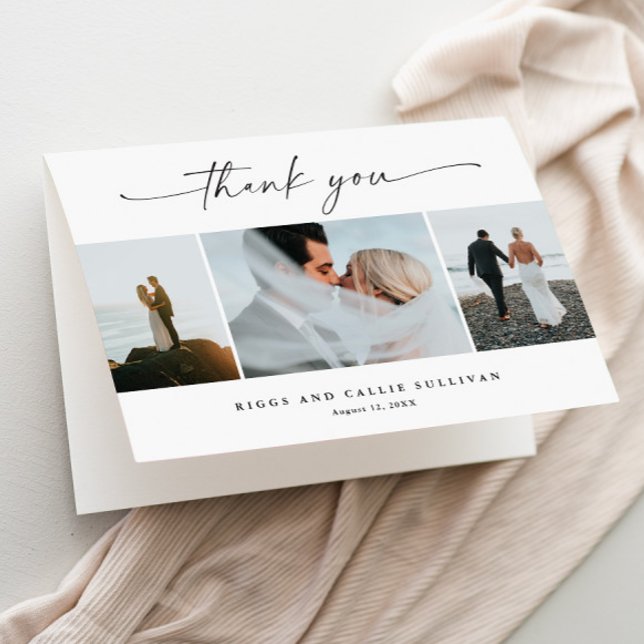 Enkel skript 3  Foto Bröllop  Tack Kort (3 Photo Collage Folded Wedding Thank You Card.)