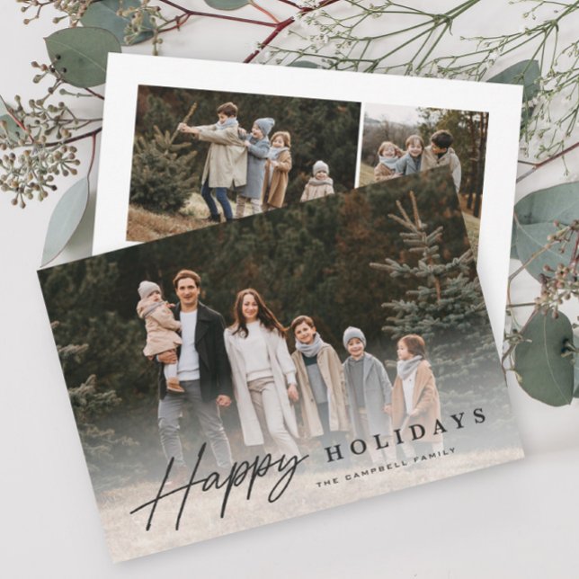 Enkel skript 3 Foto Glad Julkort (Modern script happy holidays typography photo holiday card.)