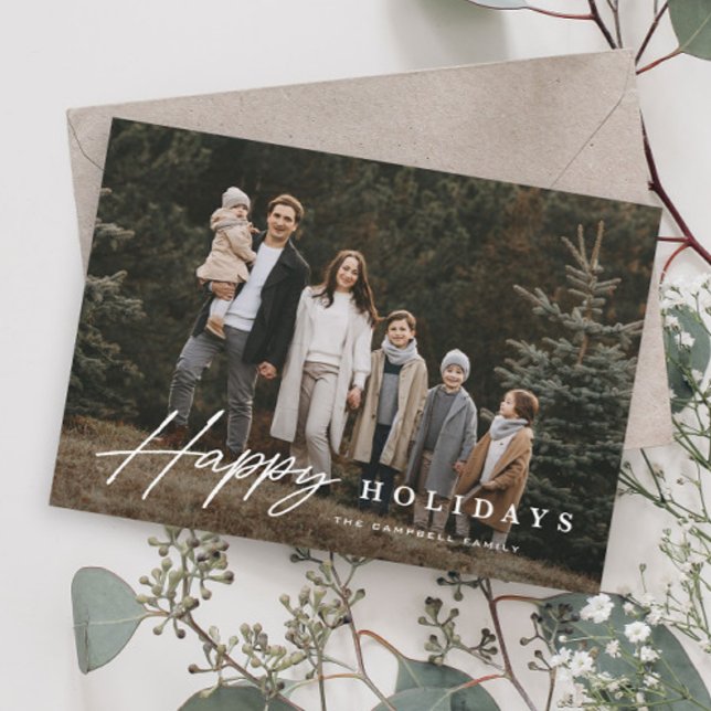 Enkel skript 3 Foto Glad Julkort (Simple Script Happy Holiday Photo Card with elegant typographic overlay.)
