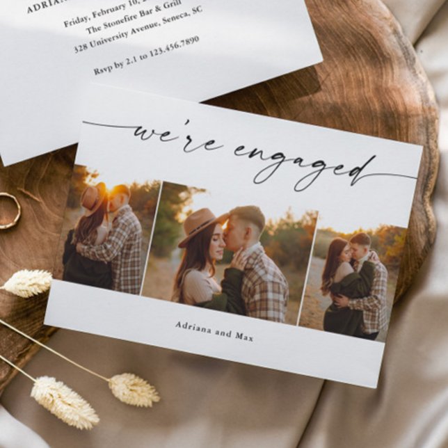 Enkel skript 3 Photo Collage Bröllop Förlovning Inbjudningar (Elegant Script 3 Photo Collage Engagement Invitation Announcement Cards.)