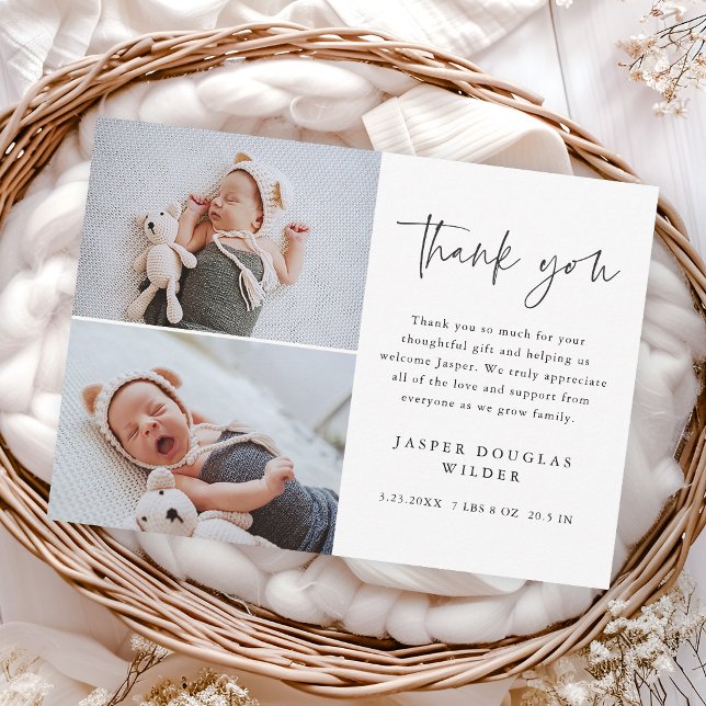 Enkel Skript Baby Foto Tack Kort (Simple modern script 2 photo baby thank you cards.)