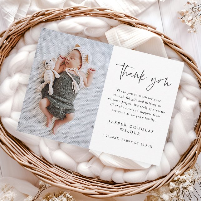 Enkel Skript Baby Foto Tack Kort (Simple script baby photo thank you card.)