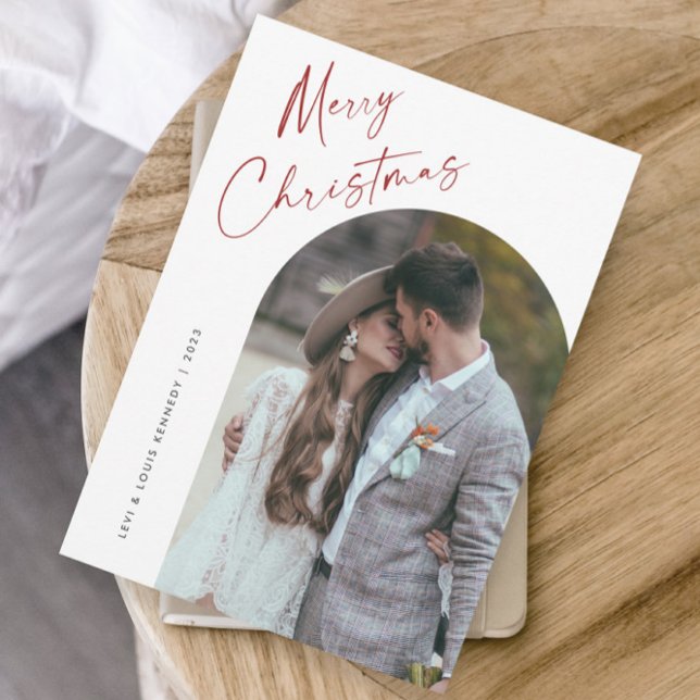 Enkel skript Boho Arch-jul Julkort (Simple script boho arch photo Christmas holiday card with modern elegant handwritten typography.)