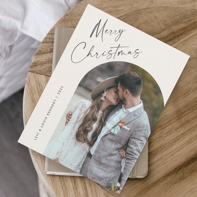 Enkel Skript Boho-båge Foto Julmagnet (Simple, modern script Merry Christmas boho arch photo magnetic Christmas card.)