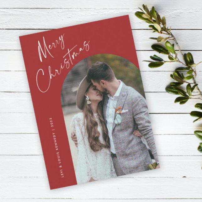 Enkel Skript Boho-båge Jul Julkort (Simple script boho arch photo Christmas holiday card with modern elegant handwritten typography.)