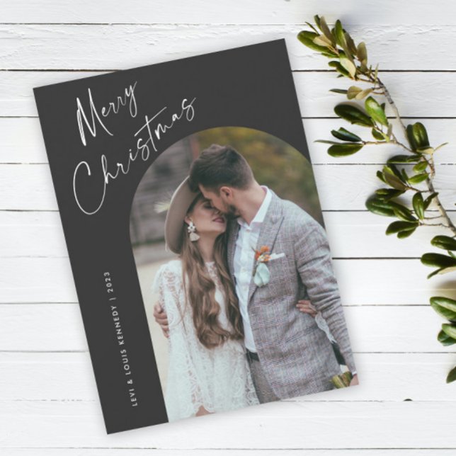 Enkel Skript Boho-båge Jul Julkort (Simple script boho arch photo Christmas holiday card with modern elegant handwritten typography.)