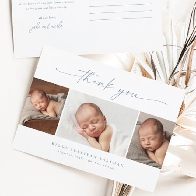 Enkel Skript Foto Collage Baby Tack  Vykort (Dusty blue script 3 boys photo baby thank you cards.)