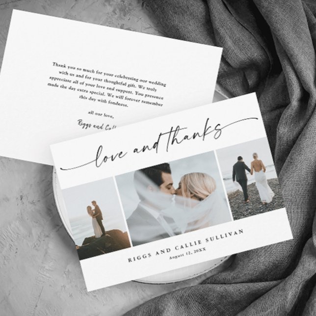 Enkel Skript Kärlek och Tacksamhet 3  Foto Bröllop Tack Kort (Elegant script love and thanks black and white modern 
 minimal wedding photo thank you card.)
