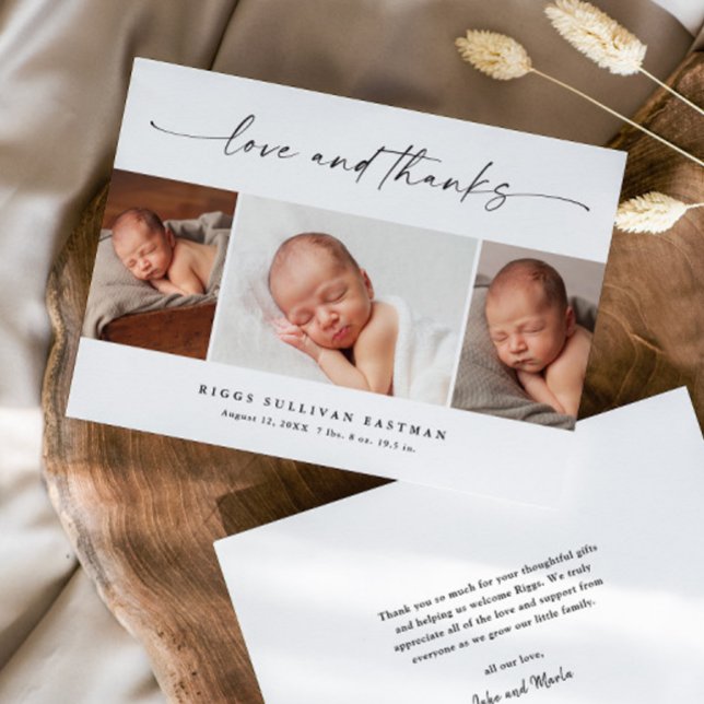 Enkel Skript Kärlek och Tacksamhet Foto Collage Be Tack Kort (Modern script love and thanks 3 photo baby thank you cards.)