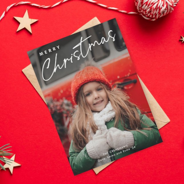 Enkel skript Merry Christmas 3 Foto  Julkort (Simple Merry Christmas Script 3 Photo Holiday Card.)