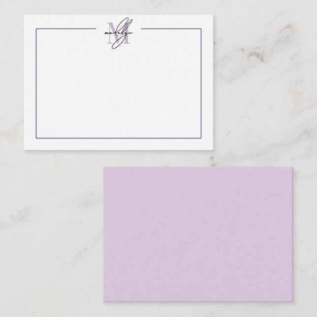Enkel skript minimalistisk lila namnmonogram anteckningskort (Fram/baksida)