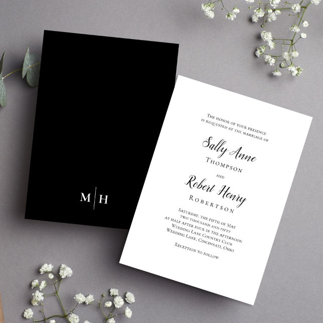 Enkel skriptmall för svart och vit Elegant Inbjudningar (Simple black and white calligraphy script wedding invitation.)