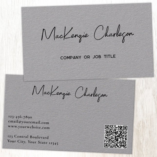 Enkel skriptnamn och text QR-kod Grå Visitkort (Simple modern script minimalist business card with QR code)