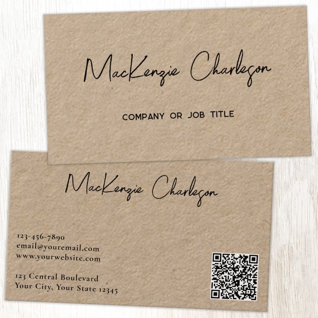 Enkel skriptnamn och text QR-kod Kraft Visitkort (Simple modern script minimalist business card with QR code)