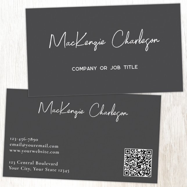 Enkel skriptnamn och text QR-kod skiffergrå Visitkort (Simple modern script minimalist business card with QR code slate gray)