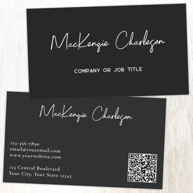 Enkel skriptnamn och text QR-kod Svart Visitkort (Simple modern script minimalist business card with QR code black)