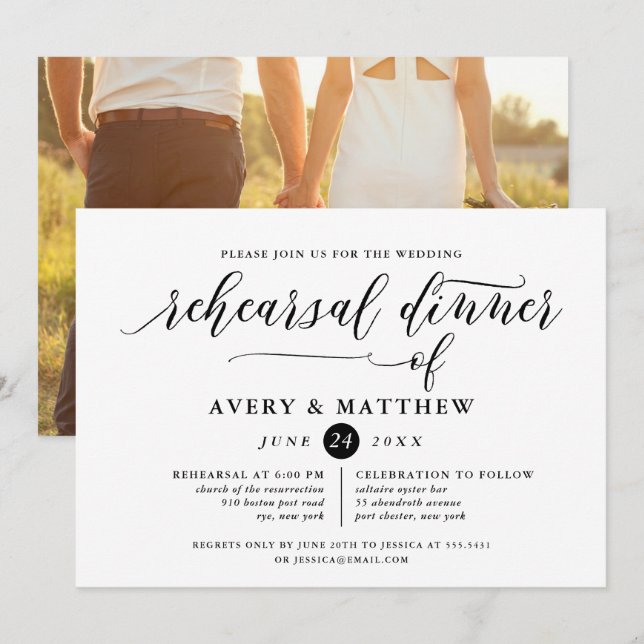 Enkel skripttypografi | Foto Rehearsal Middag Inbjudningar (Fram/baksida)