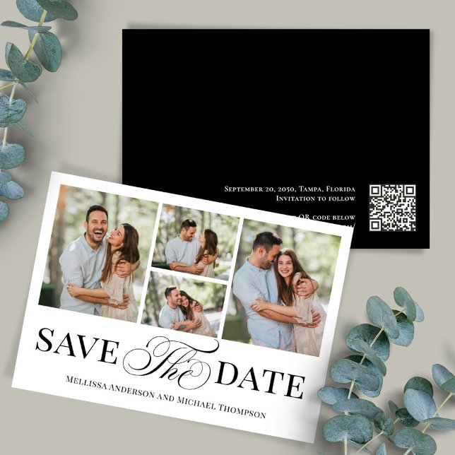 Enkel Skriv Datum Skript Foto Collage Spara Datumet (Elegant photo collage wedding save the date photo card.)