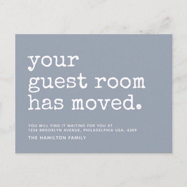 Enkel skrivmaskin Ditt gästrum har flyttats Meddelande Vykort (Framsida)