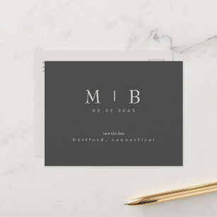 Enkel & Slick Monogram Bröllop Spara Datum Grå Meddelande Vykort