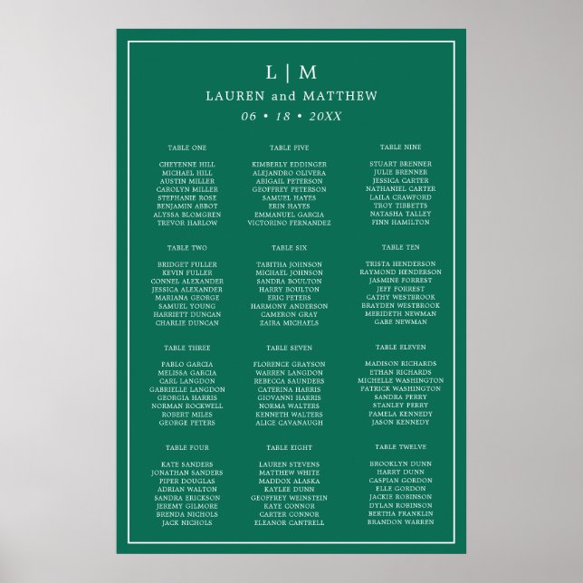 Enkel smaragdgrön sittplan för bröllop poster (Framsidan)