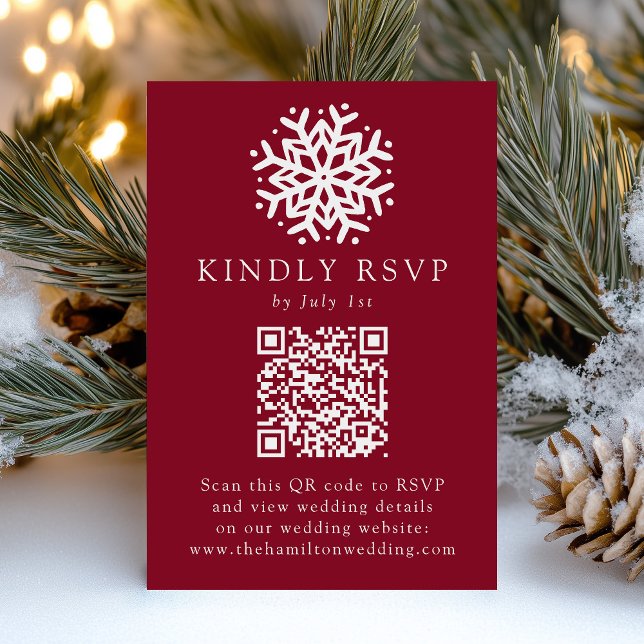 Enkel Snöflinga Burgundy QR-kod Bröllop OSA Kort (Skapare uppladdad)