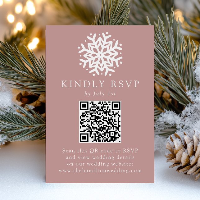 Enkel Snöflinga Dammtrosa QR-kod Bröllop OSA Kort (Skapare uppladdad)