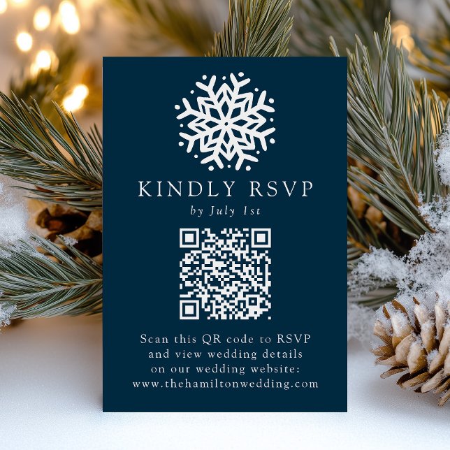 Enkel Snöflinga Navy QR-kod Bröllop OSA Kort (Skapare uppladdad)
